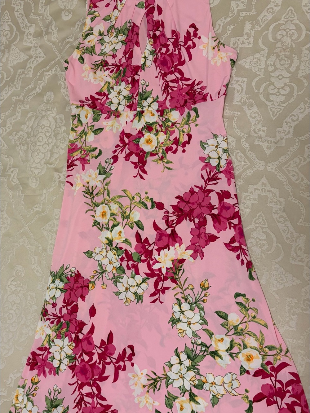 London Times Pink Floral Midi Dress with Magenta Blooms